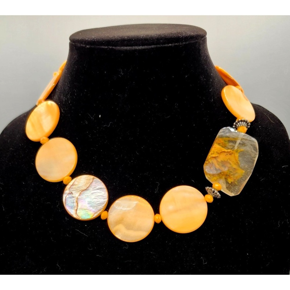 Orange Mother of Pearl Shell Discs Bead Necklace Toggle Clasp